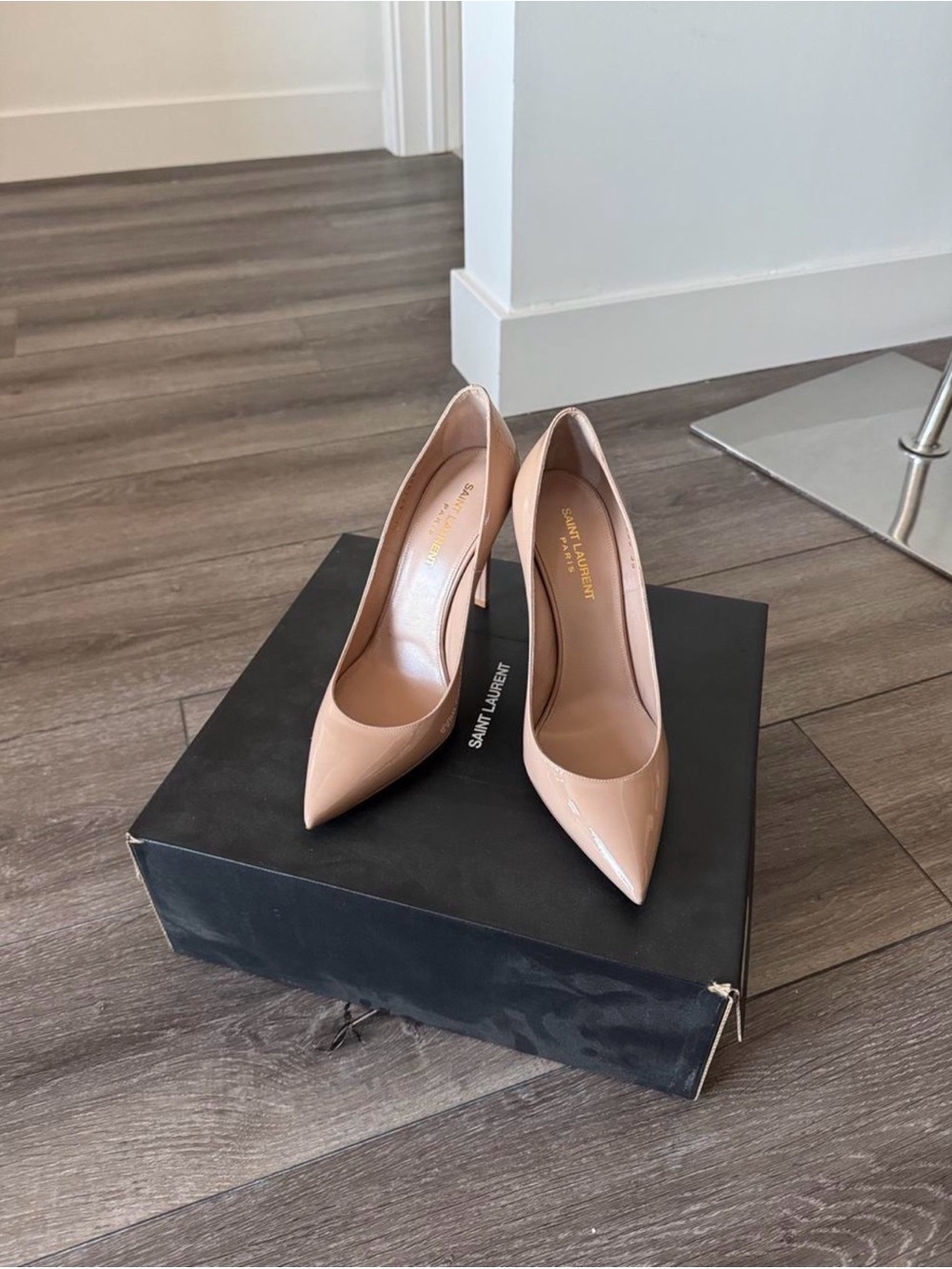 Saint Laurent Blush Patent Leather Pointed-Toe Pumps